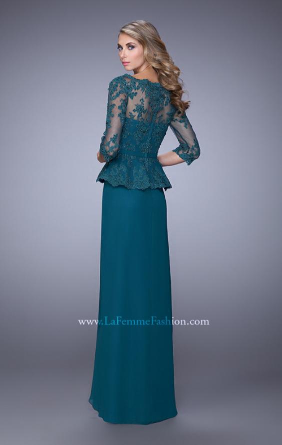 Picture of: Crepe Chiffon Dress with 3/4 Length Sleeves and Belt in Green, Style: 21709, Back Picture