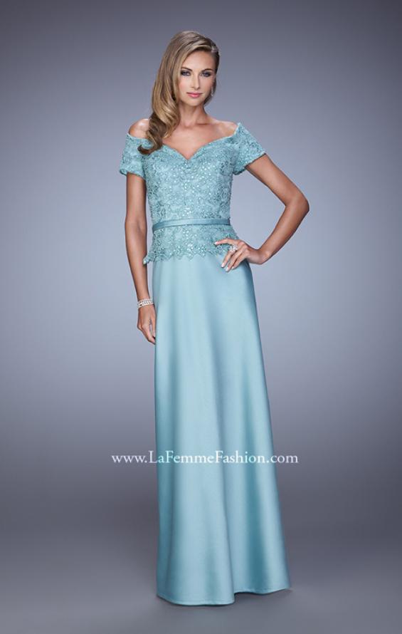 Picture of: Sultry Satin Dress with Off the Shoulder Sleeves in Blue, Style: 21726, Detail Picture 1