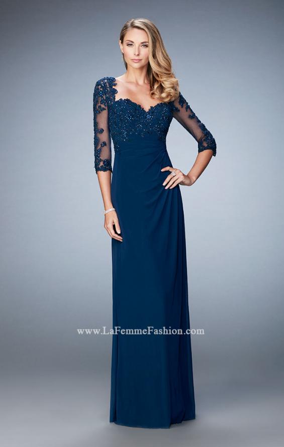Picture of: Net 3/4 Sleeve Gown with Lace and Jewels in Blue, Style: 21750, Detail Picture 2