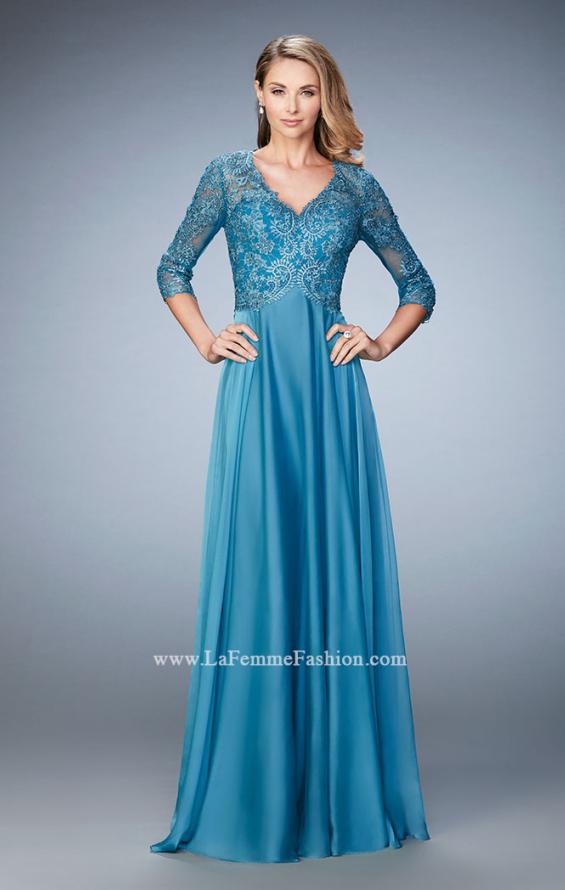 Picture of: Lace and Jeweled Embroidered Evening Gown in Blue, Style: 22031, Detail Picture 1