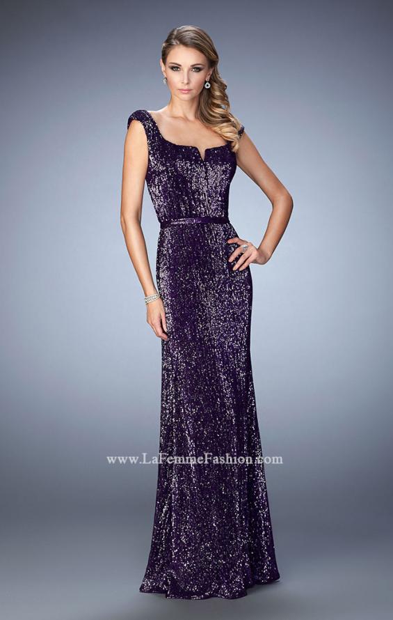 Picture of: Long Sequin Evening Gown with Square Neck and Belt in Purple, Style: 22445, Main Picture