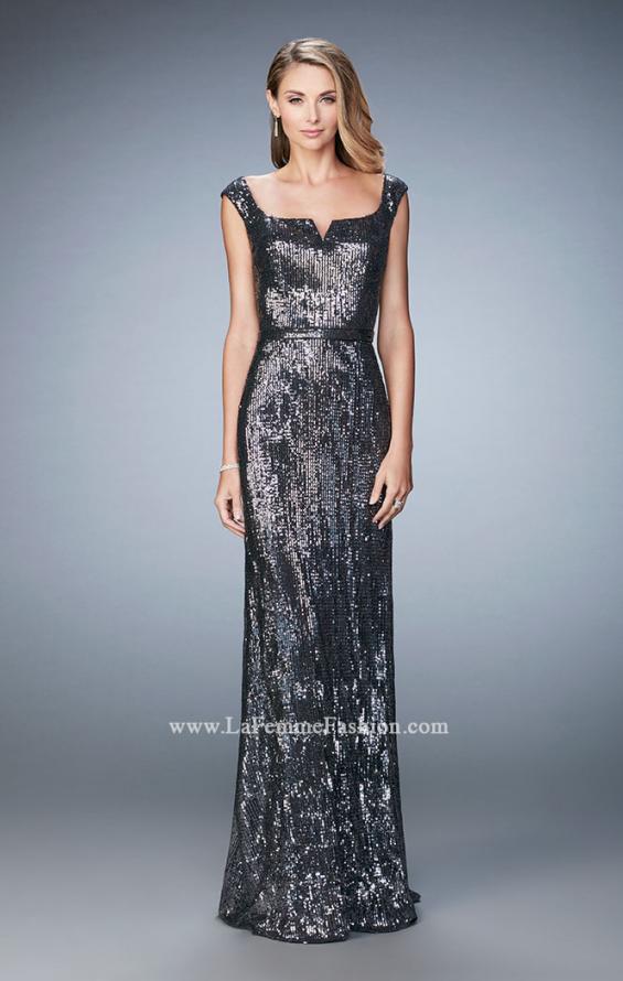 Picture of: Long Sequin Evening Gown with Square Neck and Belt in Silver, Style: 22445, Detail Picture 2