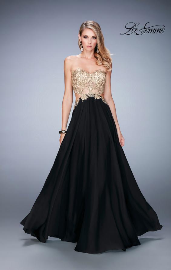 Picture of: Chiffon Prom Dress with Sheer Detail and Lace Applique in Black, Style: 22504, Detail Picture 3