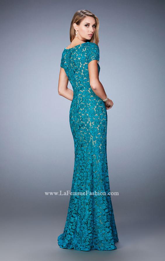 Picture of: Long Lace Evening Gown with Short Sleeves in Blue, Style: 22998, Back Picture