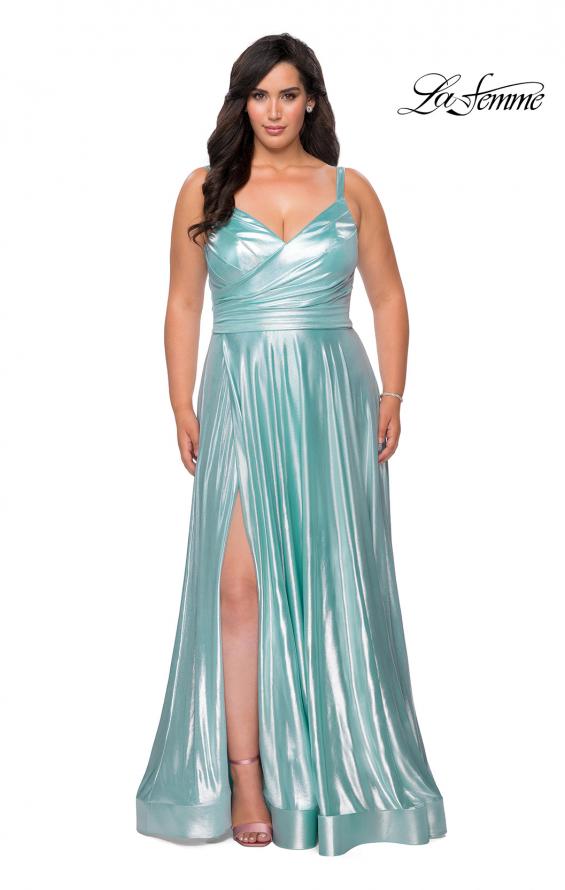 Picture of: Metallic Grecian Long Plus Size Prom Dress in Aqua, Style: 28989, Detail Picture 1