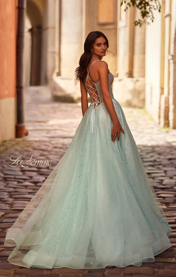 Picture of: Prom Gown with Rhinestone Tulle and Illusion Corset Bodice in Artic Blue, Style 32725, Back Picture