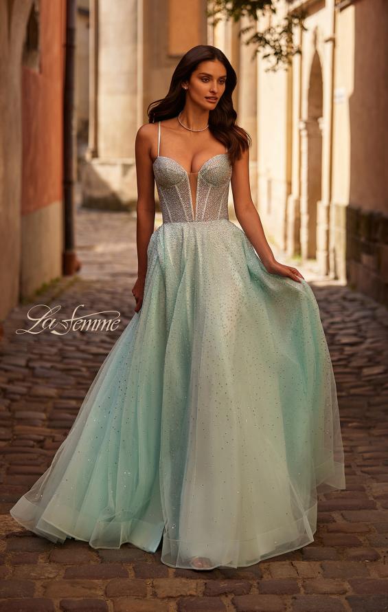 Picture of: Prom Gown with Rhinestone Tulle and Illusion Corset Bodice in Artic Blue, Style 32725, Detail Picture 1