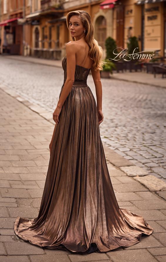 Picture of: Flowy Metallic Net Jersey Prom Dress with Intricate Ruched Bodice in Black Gold, Style: 32899, Back Picture