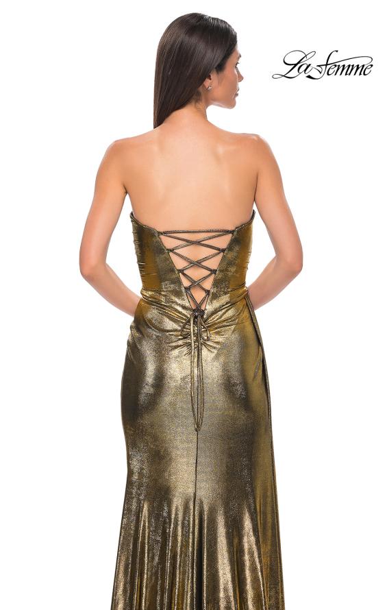 Picture of: Strapless Chic Metallic Jersey Dress with Draped Slit in Black Gold, Style 32830, Detail Picture 21