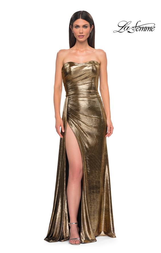 Picture of: Strapless Chic Metallic Jersey Dress with Draped Slit in Black Gold, Style 32830, Detail Picture 5