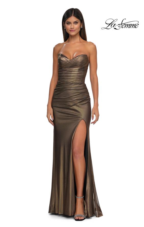 Picture of: Net Jersey Prom Dress with Strapless Top and Flattering Ruching in Black Gold, Style: 32946, Detail Picture 5