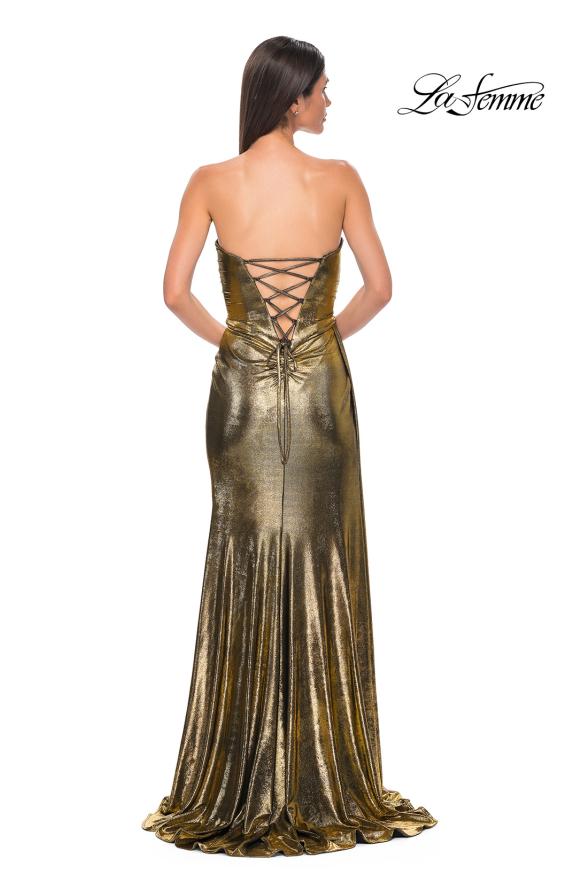 Picture of: Strapless Chic Metallic Jersey Dress with Draped Slit in Black Gold, Style 32830, Detail Picture 6