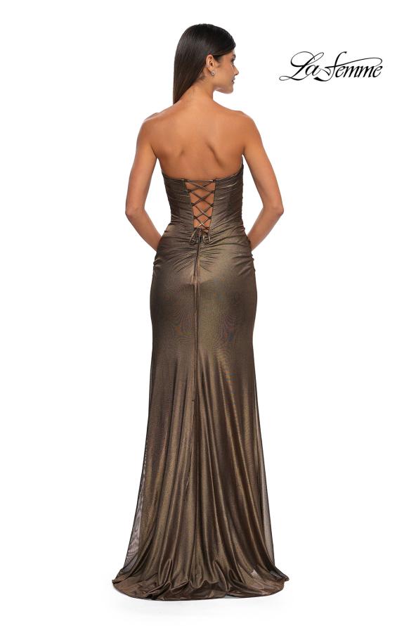 Picture of: Net Jersey Prom Dress with Strapless Top and Flattering Ruching in Black Gold, Style: 32946, Detail Picture 6