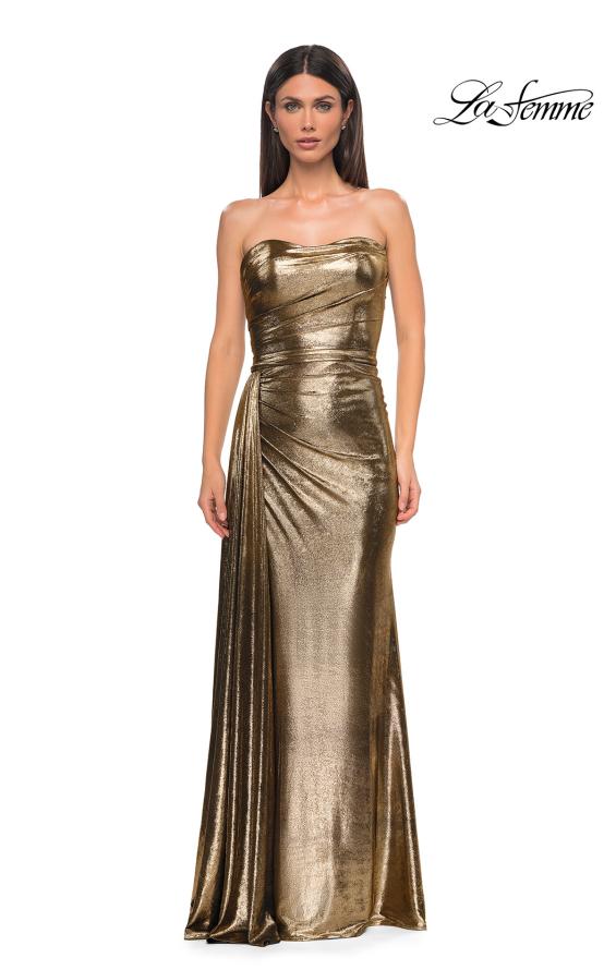 Picture of: Strapless Chic Metallic Jersey Dress with Draped Slit in Black Gold, Style 32830, Detail Picture 7