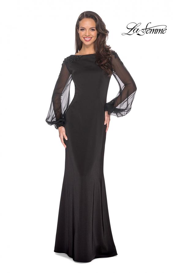 Picture of: Long Black Gown with Sheer Long Sleeves and Beading in Black, Style: 25045, Main Picture