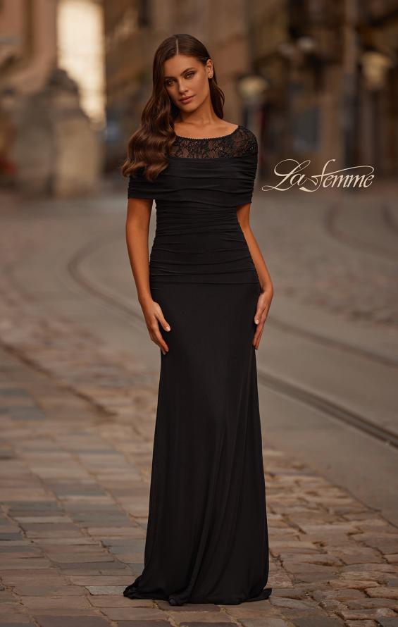 Picture of: Ruched Black Evening Dress with Illusion Lace Neckline in Black, Style: 33120, Main Picture