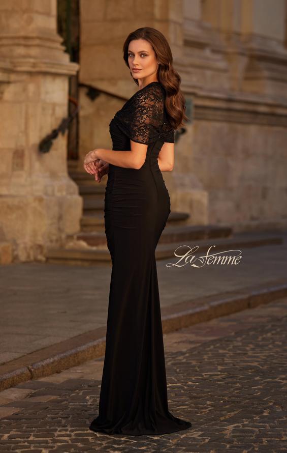 Picture of: Chic Black Evening Dress with Ruching and Lace Sleeve in Black, Style: 33133, Back Picture