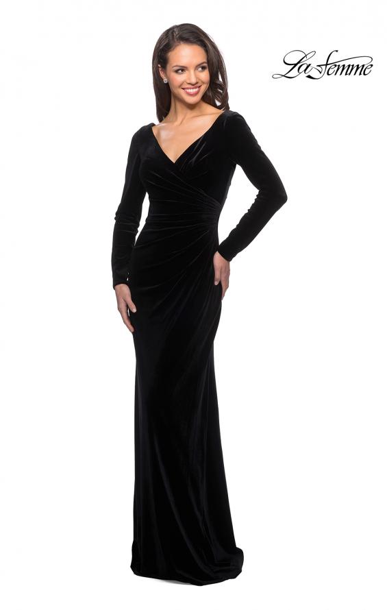 Picture of: Elegant Long Sleeve Velvet Dress with Ruching in Black, Style: 25207, Detail Picture 1