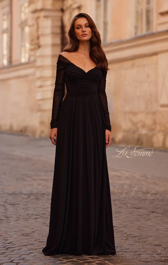 Picture of: Chic Off the Shoulder Net Jersey Gown with Long Sleeves in Black, Style: 32722, Detail Picture 1