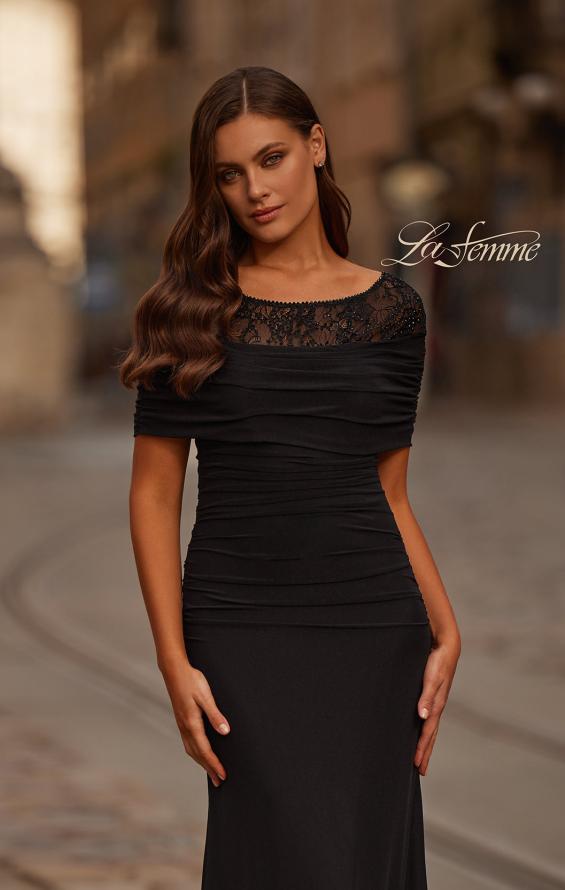 Picture of: Ruched Black Evening Dress with Illusion Lace Neckline in Black, Style: 33120, Detail Picture 1