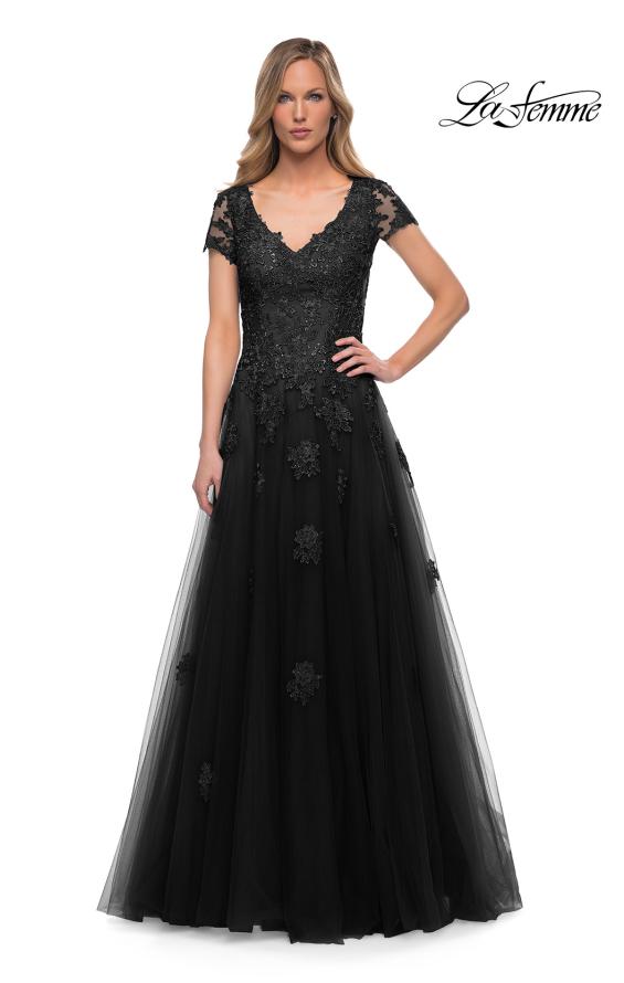 Picture of: Tulle A Line Gown with Lace Applique and V Neck, Style: 29380, Detail Picture 3