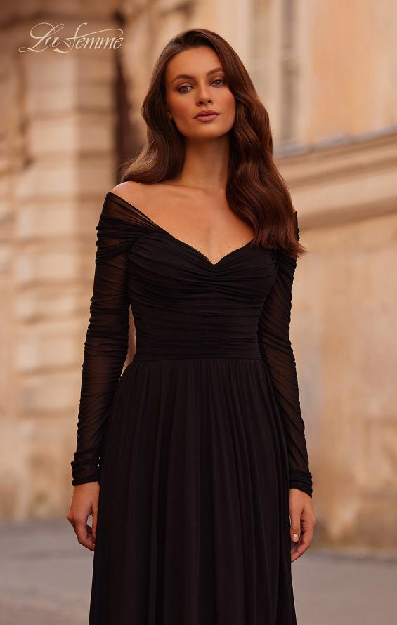 Picture of: Chic Off the Shoulder Net Jersey Gown with Long Sleeves in Black, Style: 32722, Detail Picture 3