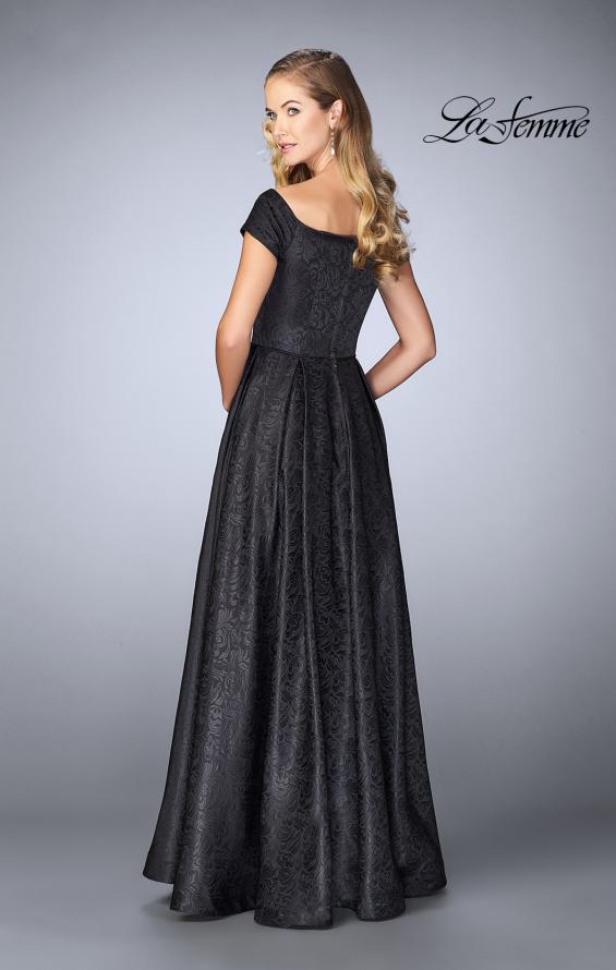 Picture of: Off The Shoulder Jacquard Gown With Small Sleeves in Black, Style: 24859, Back Picture