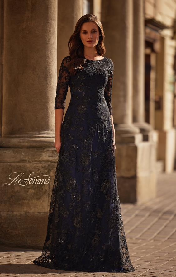 Picture of: Mother of the Bride Dress with Full Skirt and Illusion Neckline in Black Navy, Style: 30825, Main Picture