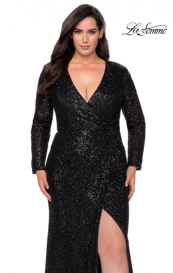 Picture of: Long Sleeve Sequin Plus Size Prom Dress with Slit in Black, Style: 28880, Detail Picture 8