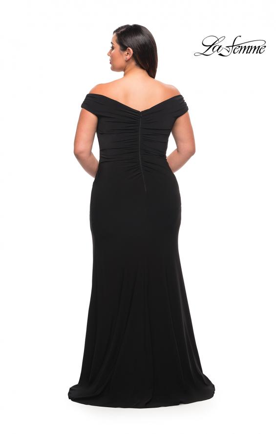 Picture of: Matte Jersey Long Plus Dress with Ruching and Slit in Black, Style: 29663, Detail Picture 12