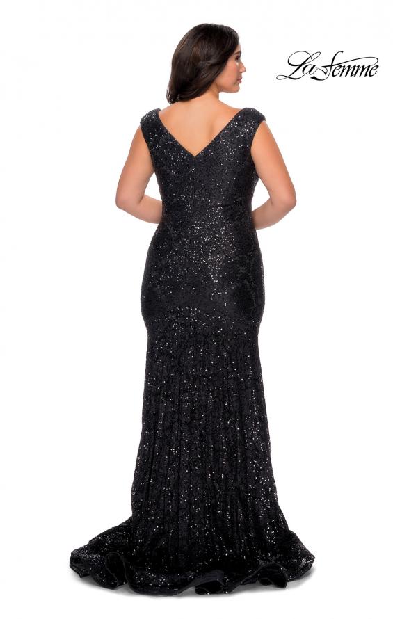 Picture of: Curvy Stretch Lace Dress with V-Neck and Rhinestones in Black, Style: 28837, Back Picture