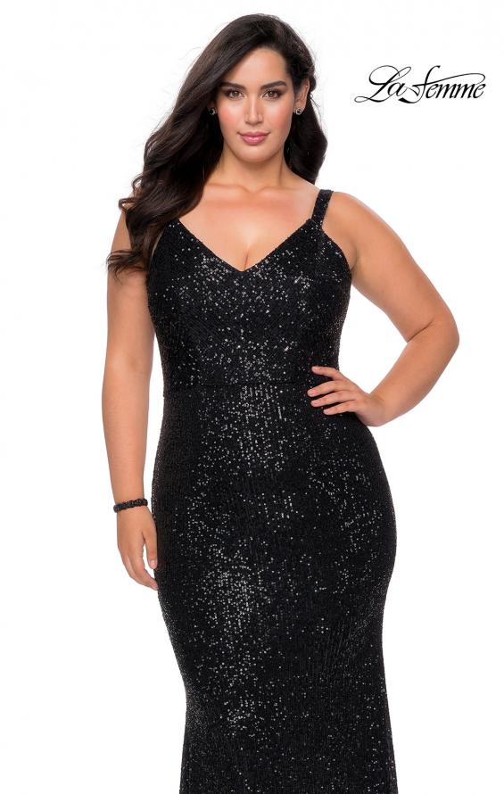 Picture of: Sequined Curvy Prom Dress with Criss Cross Back in Black, Style: 29037, Detail Picture 1