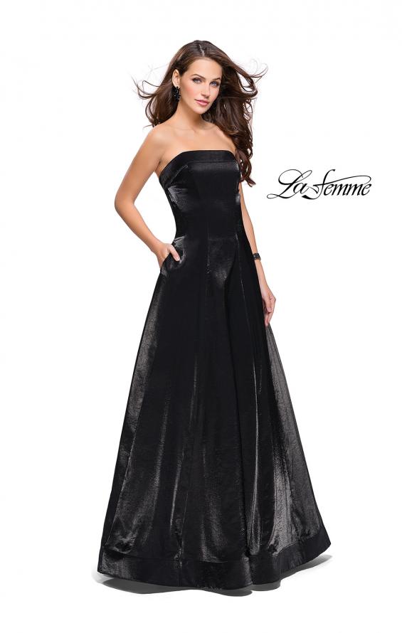 Picture of: Long Strapless Two-Tone Satin Ball Gown with Pockets in Black, Style: 25638, Main Picture