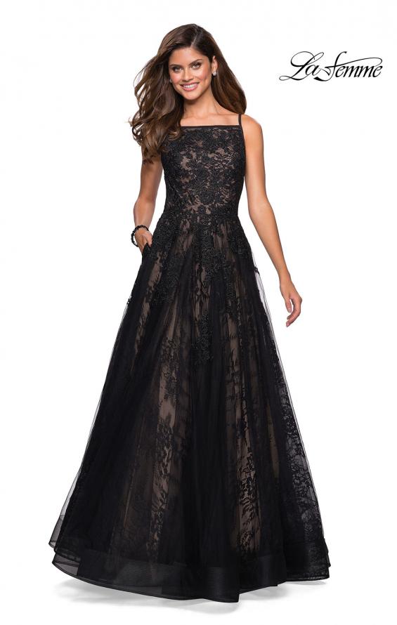 Picture of: Tulle and Lace Long Evening Gown with Pockets in Black, Style: 27488, Main Picture