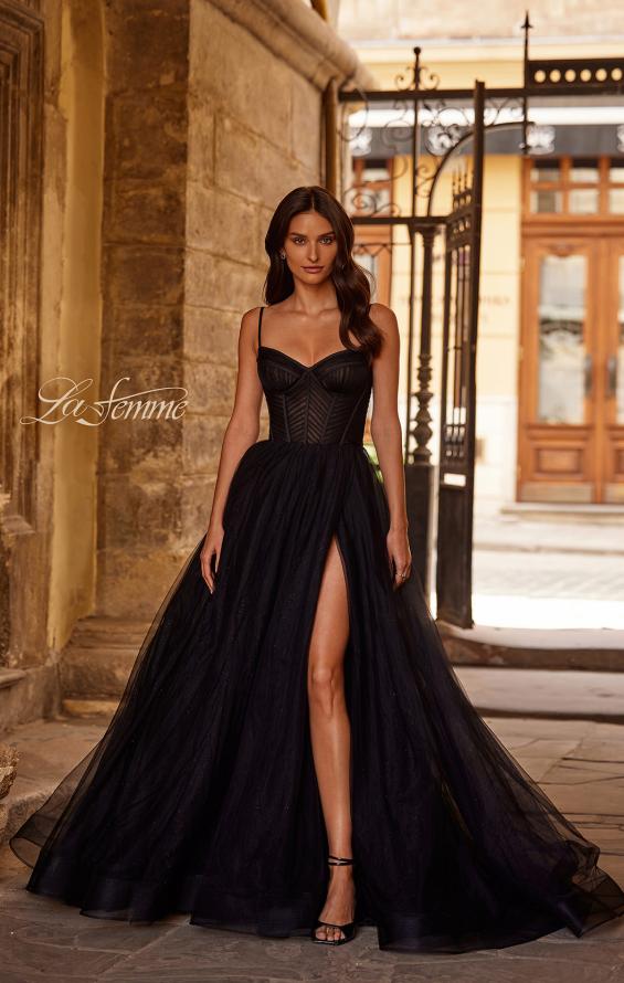 Picture of: Prom Dress with Sparkle Tulle and Ruched Corset Top in Black , Style 32680, Main Picture