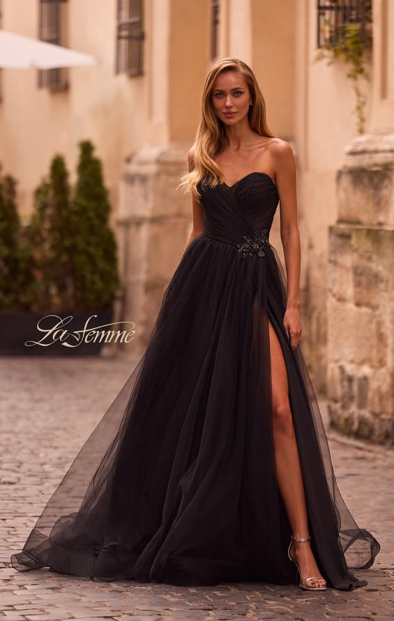 Picture of: Strapless A-line Tulle Dress with Floral Waist Detail in Black , Style: 32789, Main Picture