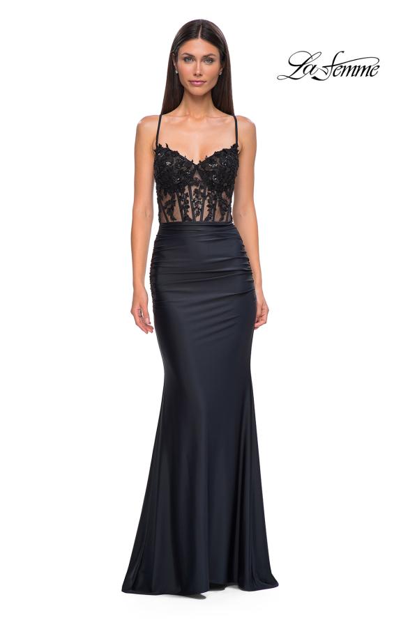 Picture of: Lovely Ruched Jersey Dress with Sequin Lace Beaded Bodice in Black , Style 32920, Main Picture