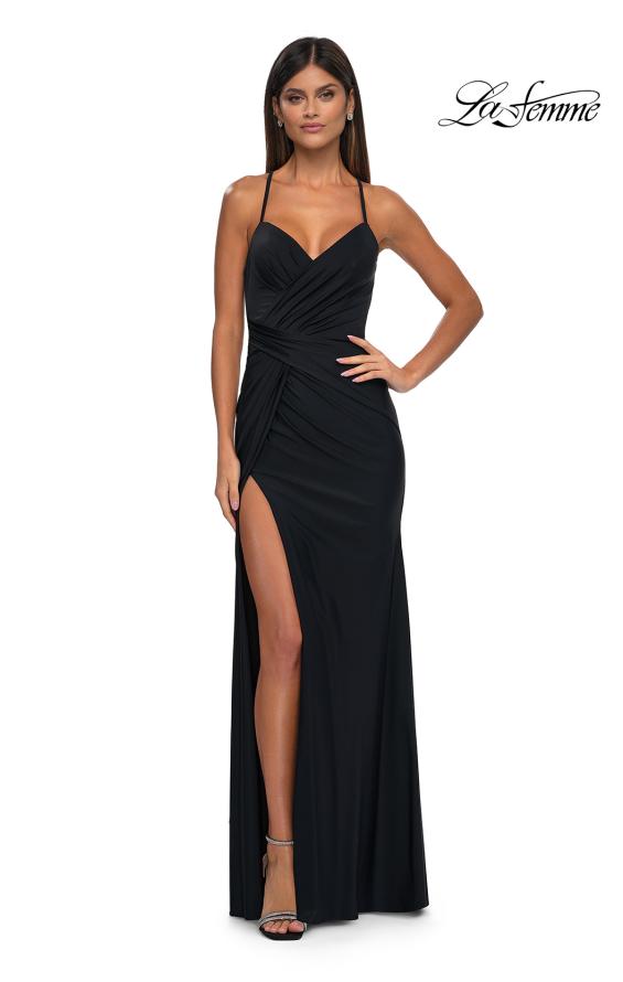 Picture of: Criss Cross Ruched Evening Dress with High Slit and Lace Up Back in Black , Style: 33115, Main Picture