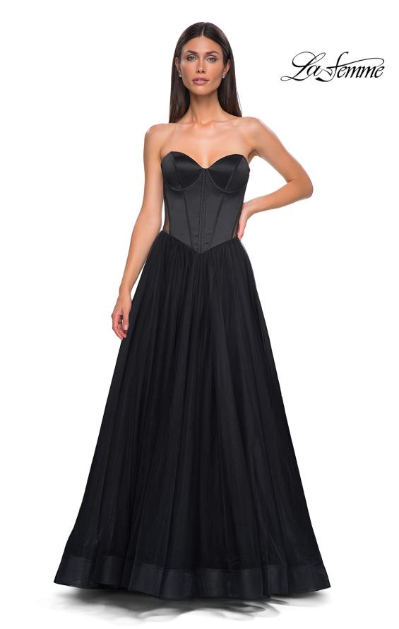 Picture of: Strapless Tulle Evening Dress with Basque Waist and Satin Bodice in Black , Style 32771, Detail Picture 8