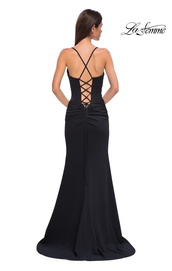 Picture of: Ruched Long Jersey Dress with Draped Rhinestone Neckline in Black , Style 32802, Detail Picture 8