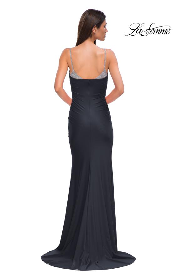 Picture of: Ruched Long Prom Dress with Rhinestone Bra Style Top in Black , Style 32939, Detail Picture 8