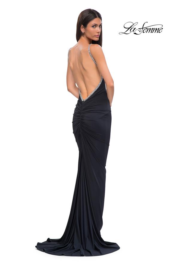 Picture of: Ruched Long Prom Dress with Low Back and Rhinestone Details in Black , Style 32970, Detail Picture 8