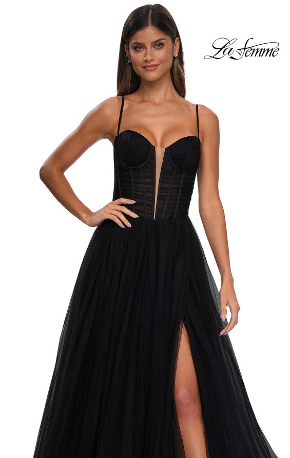 Picture of: Tulle Prom Dress with A-Line Skirt and Ruched Corset Top in Black, Style: 32700, Detail Picture 9