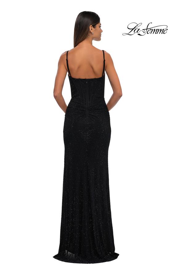 Picture of: Rhinestone Net Jersey Ruched Dress with Corset Top in Black, Style: 32753, Detail Picture 9