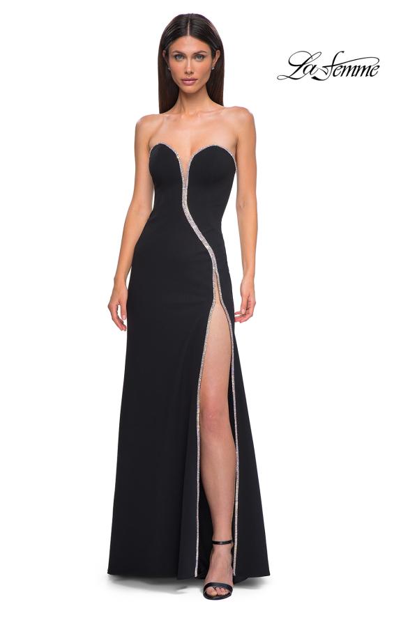 Picture of: Fabulous Jersey Dress with Rhinestones Lining the Top and HIgh Slit in Black , Style 32854, Detail Picture 9