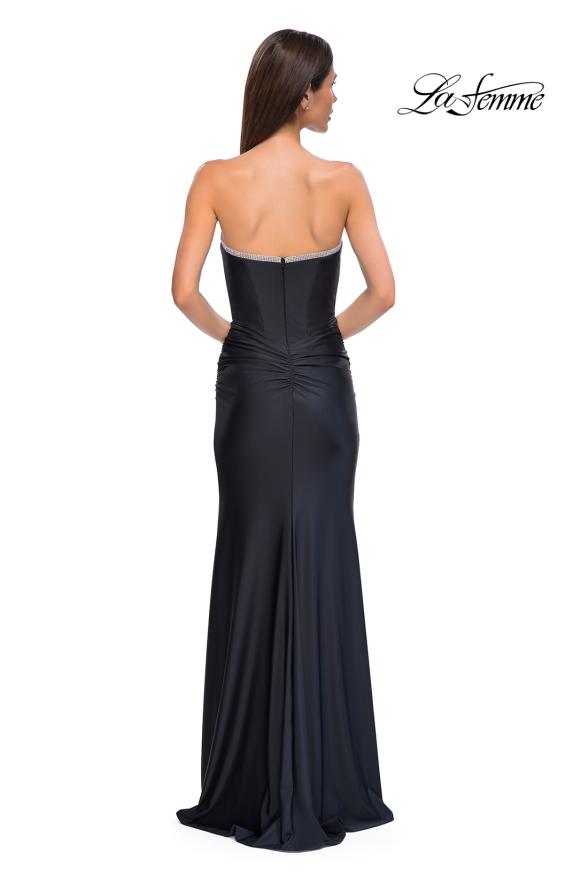 Picture of: Jersey Long Prom Dress with Ruching and Chic Rhinestone Neckline in Black , Style 32756, Detail Picture 10