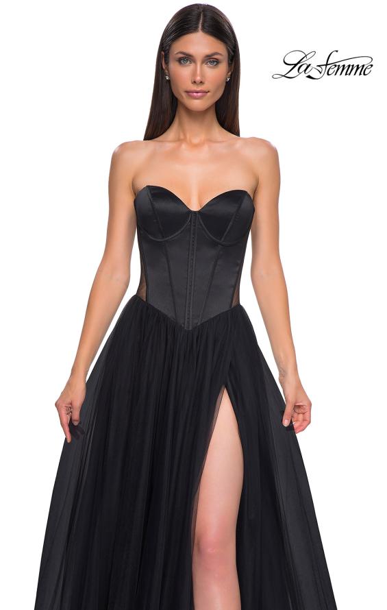 Picture of: Strapless Tulle Evening Dress with Basque Waist and Satin Bodice in Black , Style 32771, Detail Picture 10