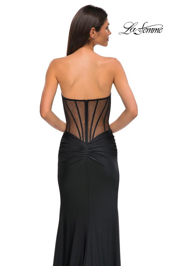 Picture of: Evening Dress with Illusion Strapless Bodice and Lace Applique in Black , Style 32912, Detail Picture 10