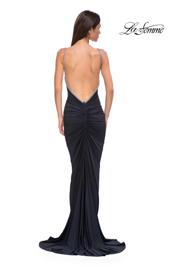 Picture of: Ruched Long Prom Dress with Low Back and Rhinestone Details in Black , Style 32970, Detail Picture 10