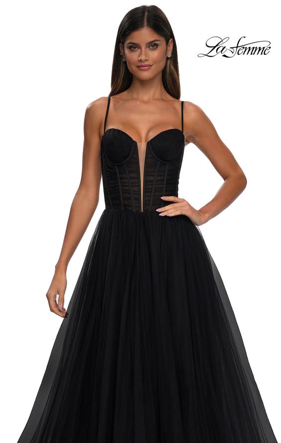 Picture of: Tulle Prom Dress with A-Line Skirt and Ruched Corset Top in Black, Style: 32700, Detail Picture 11